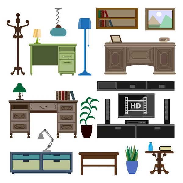 Wohnzimmer- und Arbeitsplatzmöbel und Accessoires Vektor flache Symbole — Stockvektor