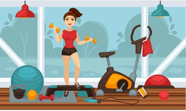 Chica haciendo ejercicios físicos con pesas en el gimnasio — Vector de stock