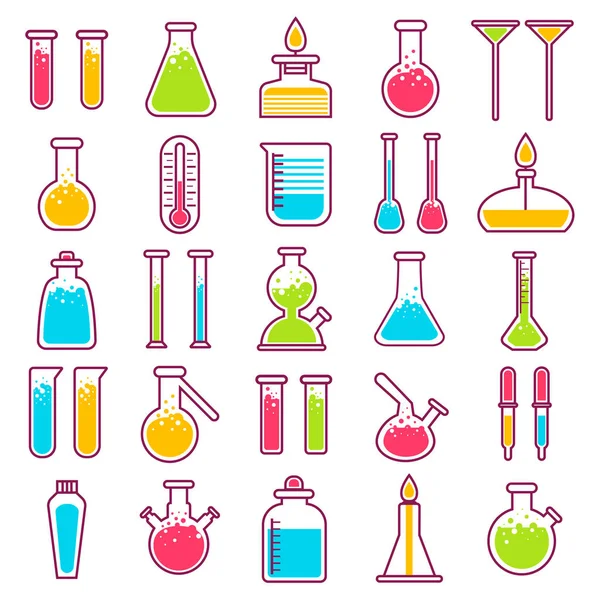 Frascos de vidrio de laboratorio y equipos de pruebas químicas vector iconos aislados — Archivo Imágenes Vectoriales