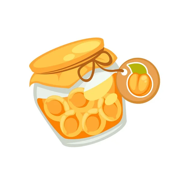 Konserverad orange aprikoser eller sylt i liten burk med emblem — Stock vektor