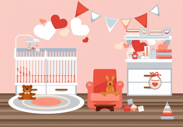 Room interior for newborn with decorations colorful flat picture — Stock Vector