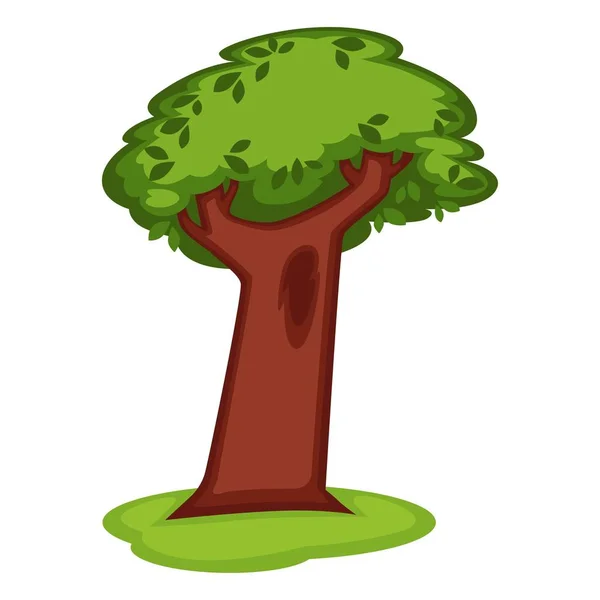 Cartone animato albero verde con tronco massiccio su erba vettoriale illustrazione — Vettoriale Stock