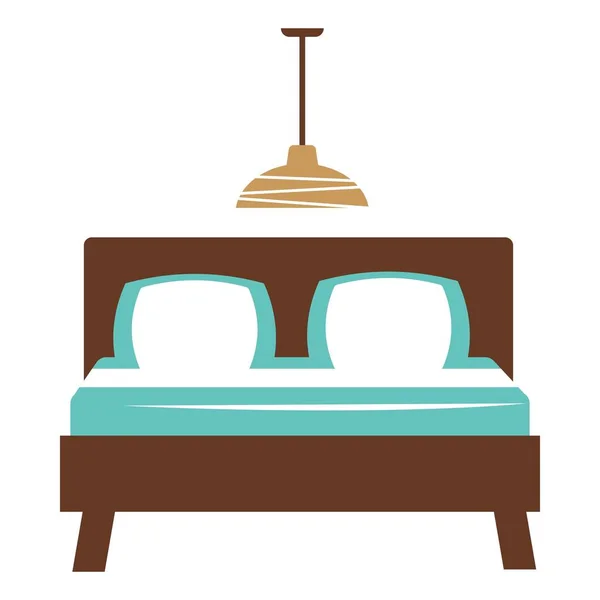 Двуспальная кровать с двумя голубыми и белыми подушками, люстра на потолке — стоковый вектор