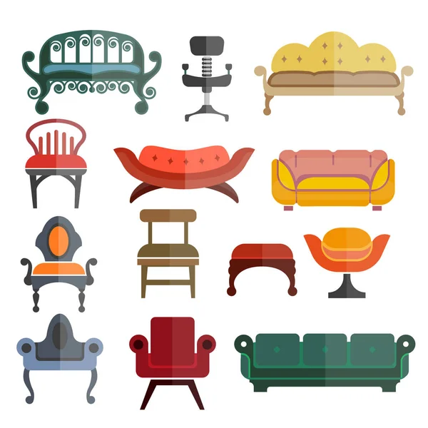 Mobiliário assentos ou cadeiras vetor isolado ícones planos conjunto — Vetor de Stock