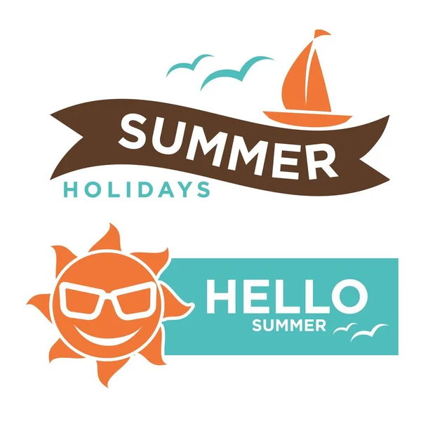 Καλοκαιρινές διακοπές Γεια σας λογότυπο με τη sun στην γυαλιά ηλίου και το πλοίο — Διανυσματικό Αρχείο