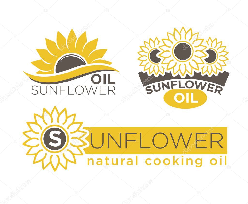 Sunflower cooking oil product logos templates. Vector isolated icons design for bottle package label