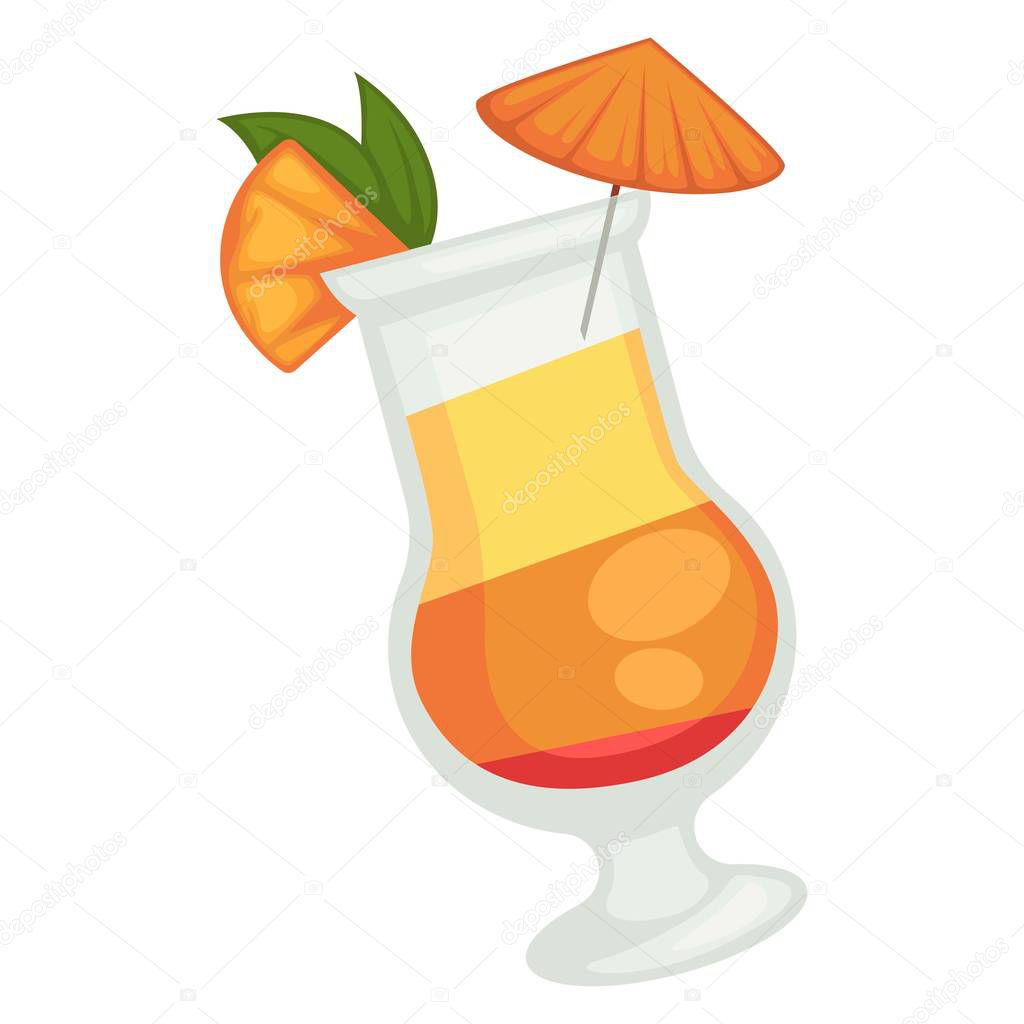 Colored cocktail of three layers with orange umbrella and piece of grapefruit