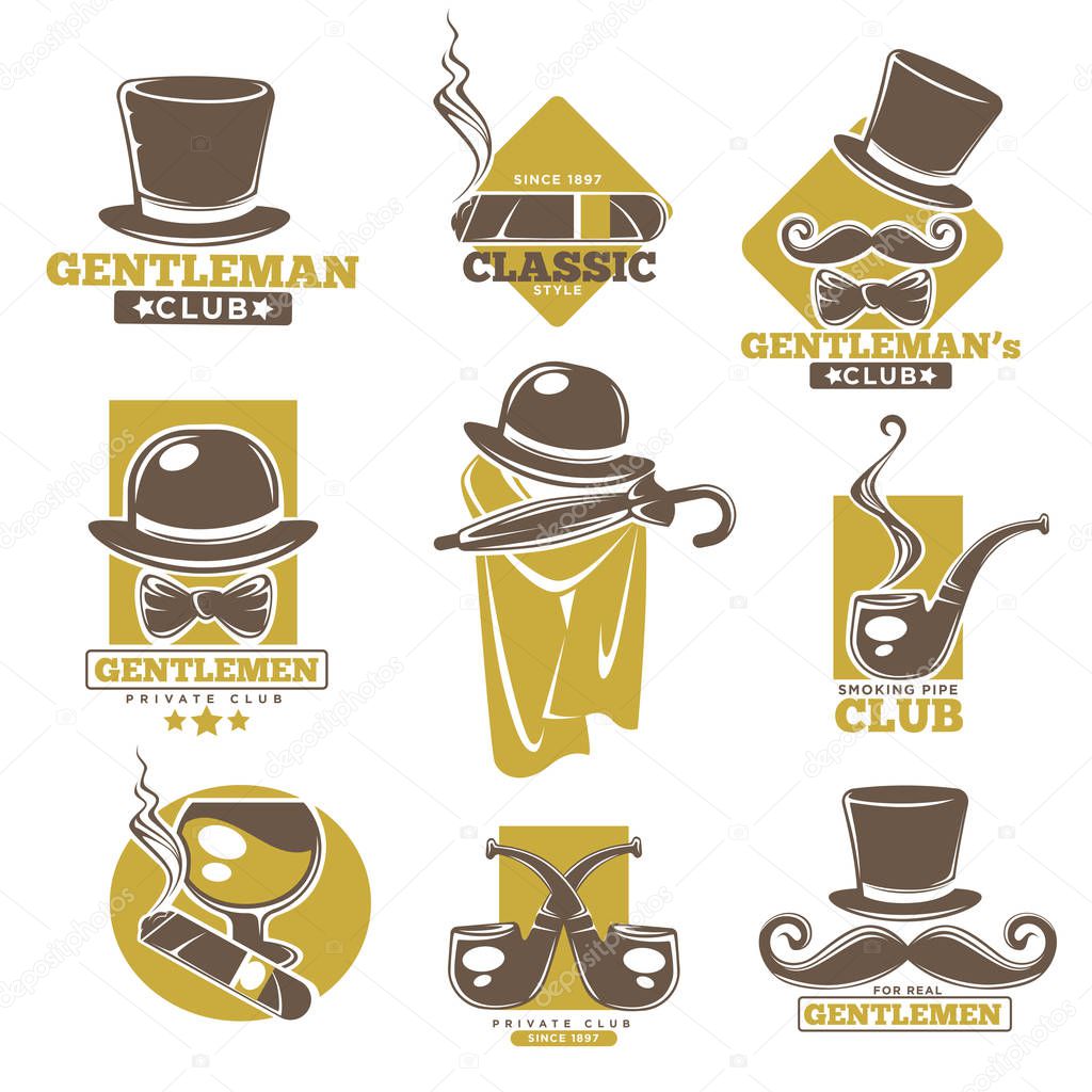 Gentleman club logos templates set. Vector isolated retro or vintage symbols of smoking pipe or tobacco cigars, mustaches and beard, man coat and cylinder hat with umbrella and bow tie