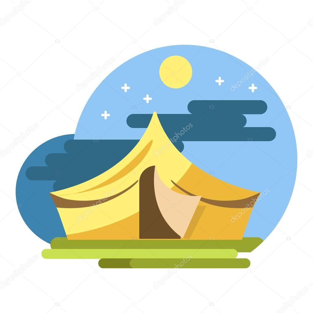 Yellow camping tent under night sky vector flat illustration