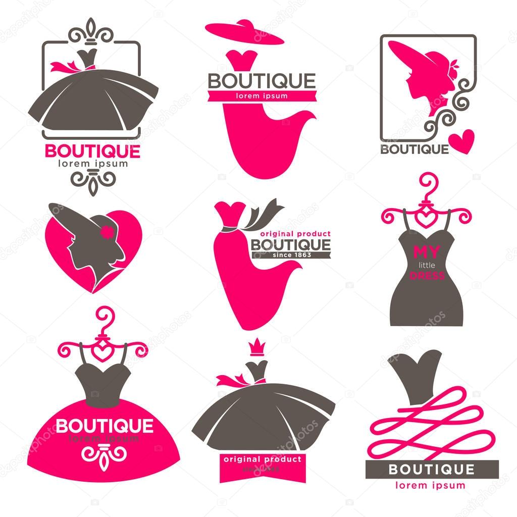 Dress boutique or fashion atelier salon logos templates set for dressmaker shop. Vector isolated icons of woman silhouette and dresses on dummy hanger with pink hat