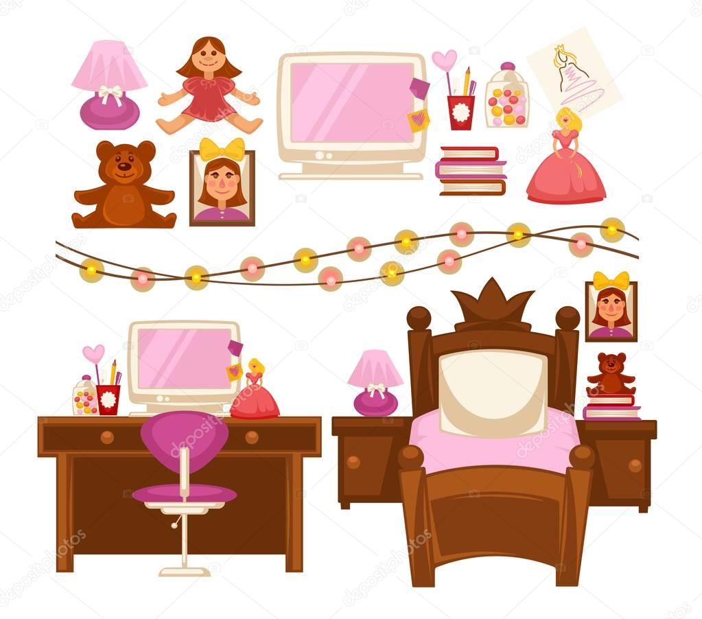 Girl kid room interior furniture and appliances vector flat icons set