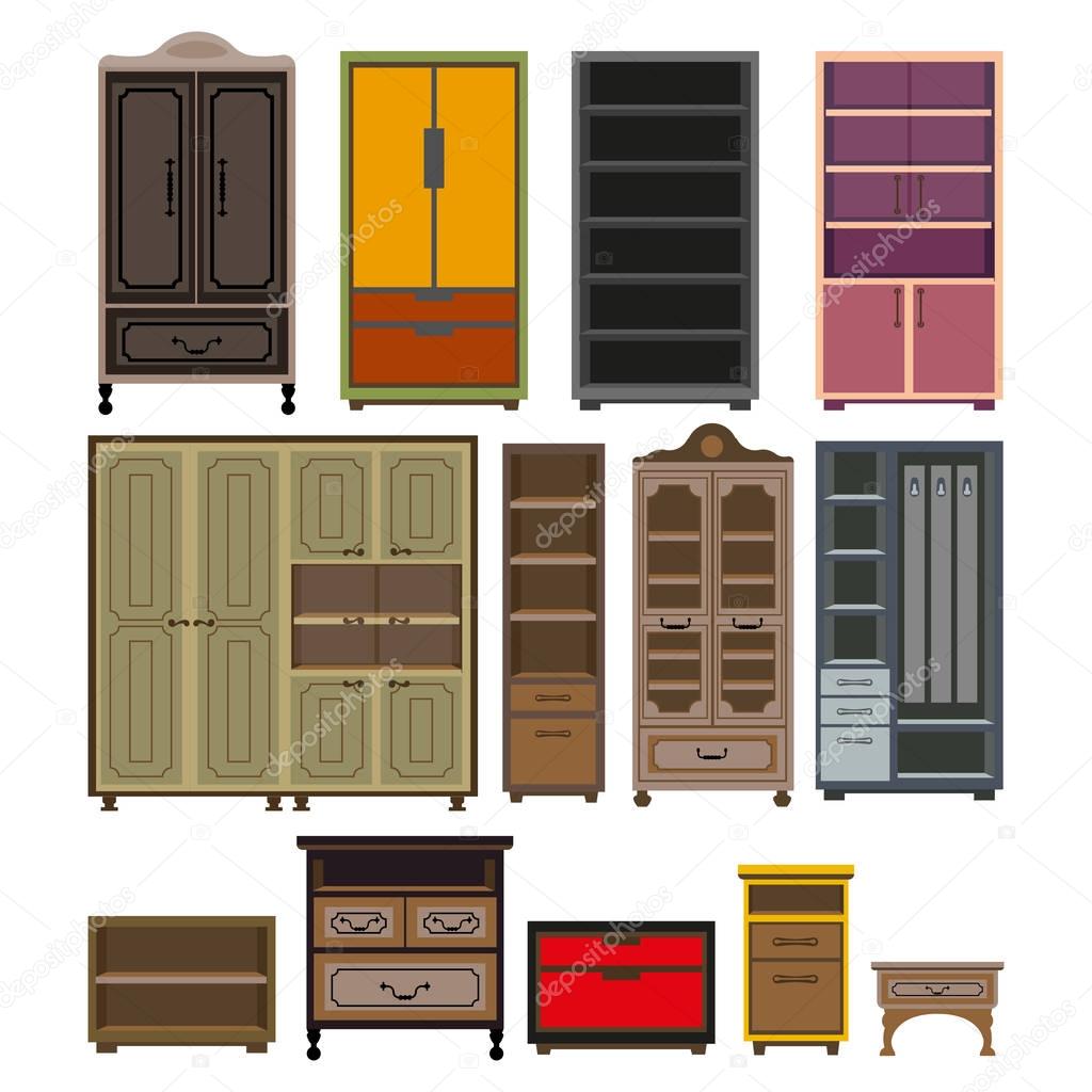 Furniture cabinet and wardrobe chests vector isolated flat icons set