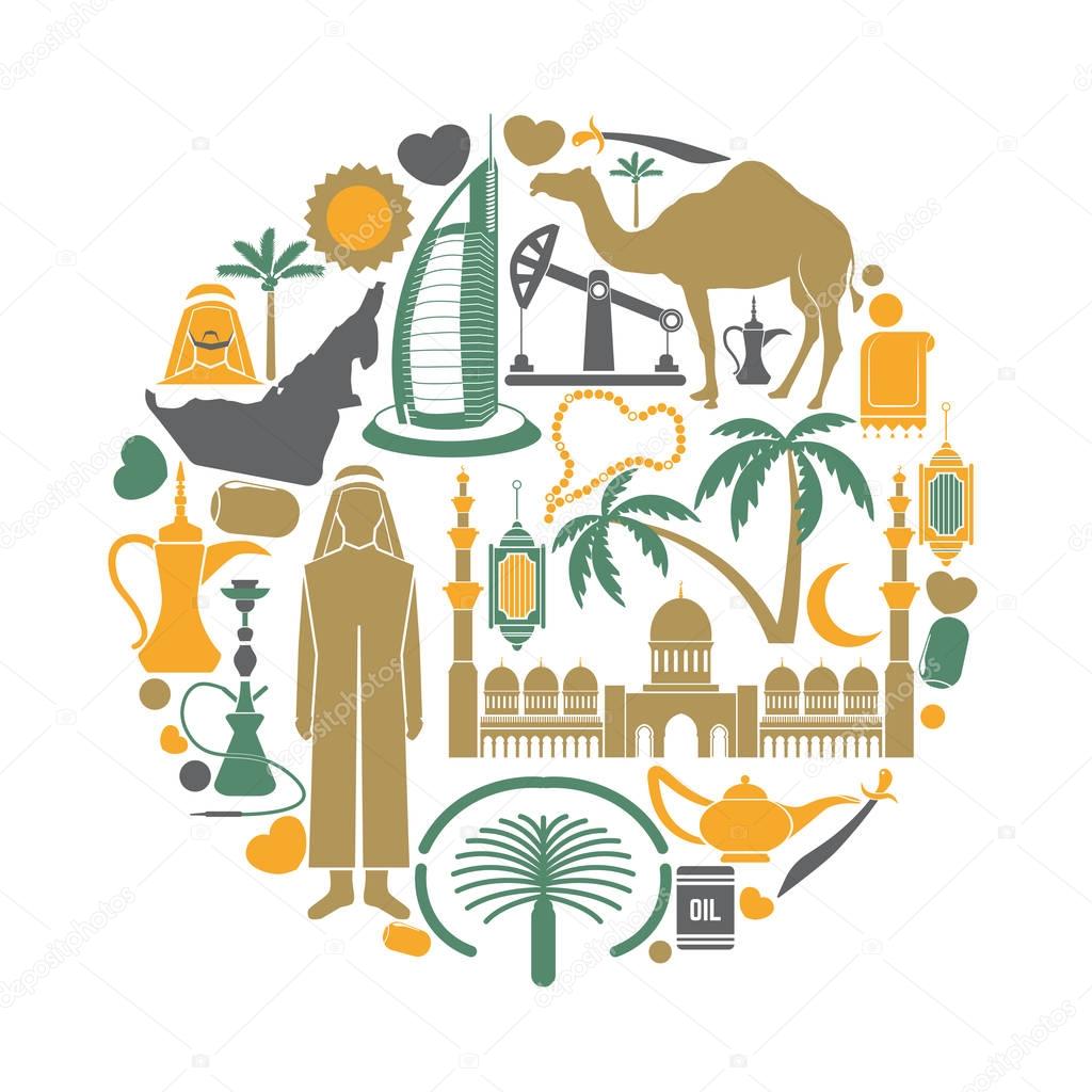 Arab Emirates travel sightseeing icons and vector landmarks poster