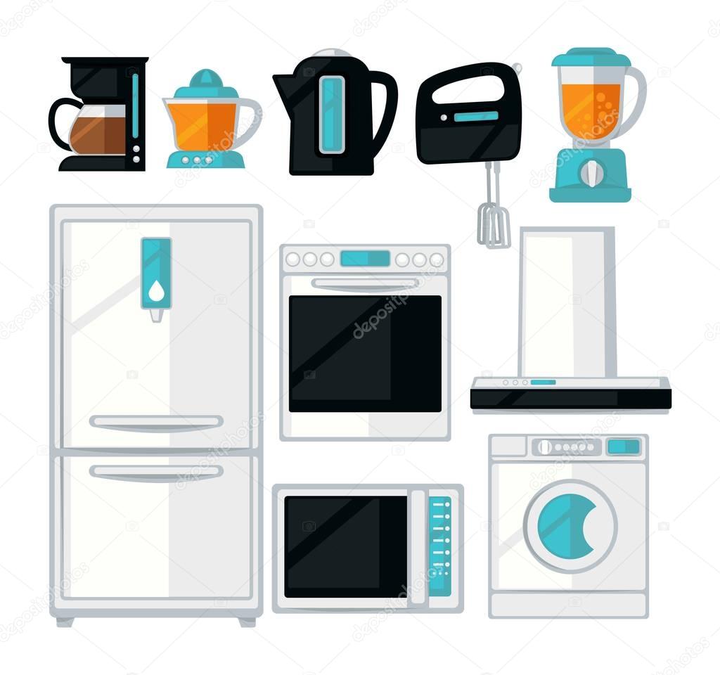 Home kitchen cooking appliances vector flat icons set