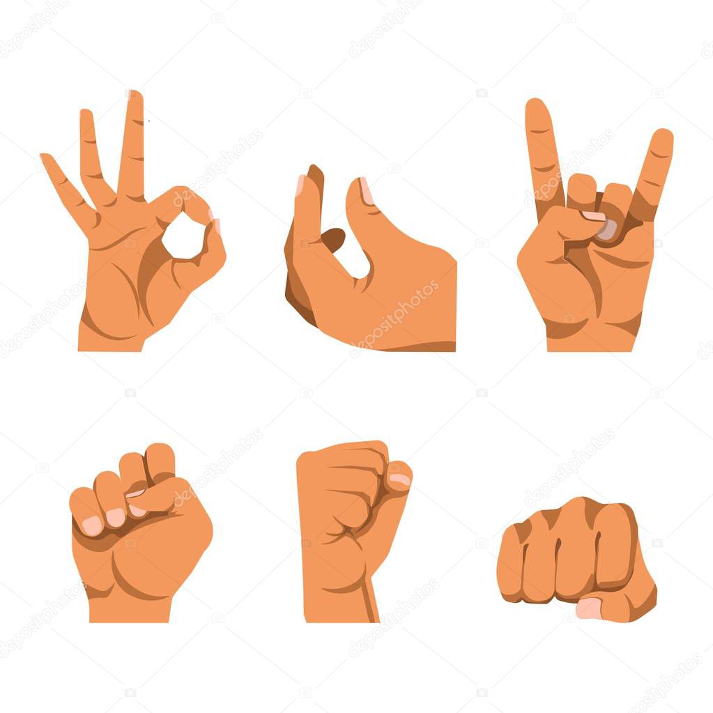 Hands gestures in six icons on white background