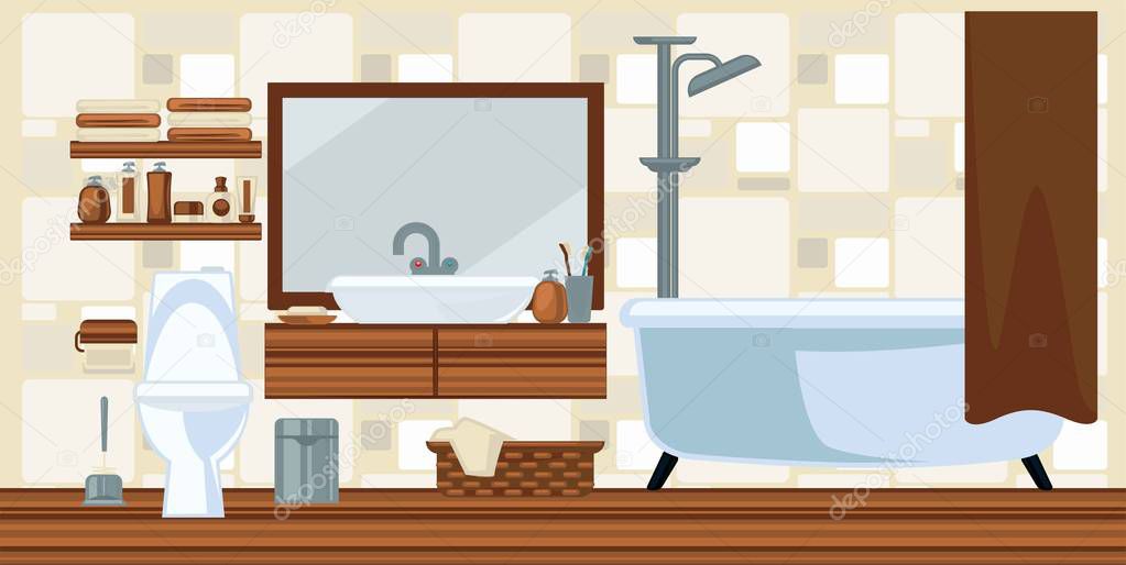 Washroom interior design in brown colors flat illustration