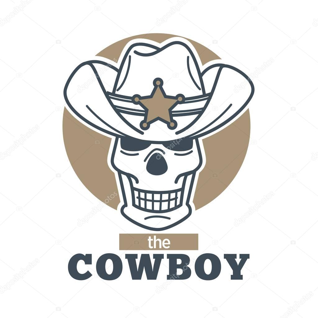 Cowboy logo skull in sheriff hat isolated on white background. Vector illustration of logotype sticker label design of dead smiling wild west character in broad cap with star sign in flat style