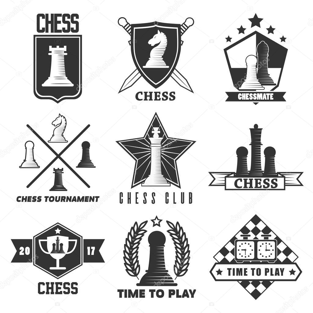 Chess tournament vector logos or labels templates. Vector isolated symbols of chessman pieces king and queen, rook or pawn and knight bishop on chessboard with winnner cup and star