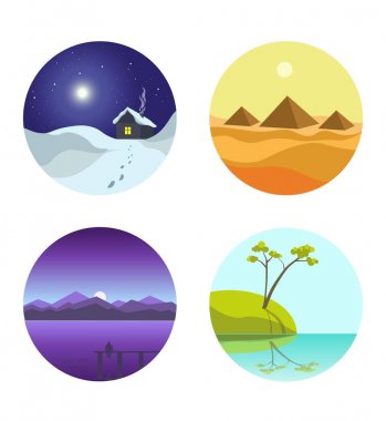 Dört manzara renkli yuvarlak resimleri 