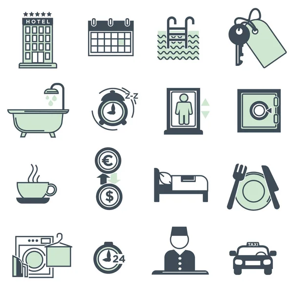 Comodidades e serviços do hotel coleção ícones —  Vetores de Stock
