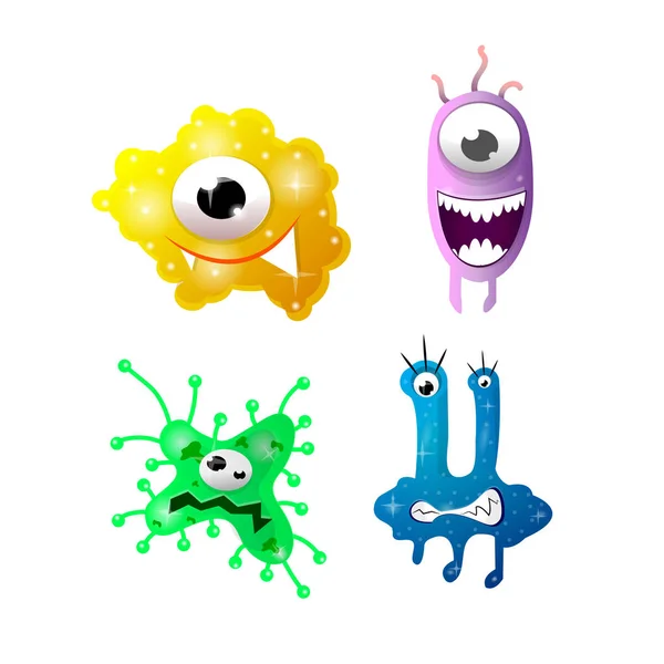 Bacterias de dibujos animados brillantes con caras divertidas — Vector de stock