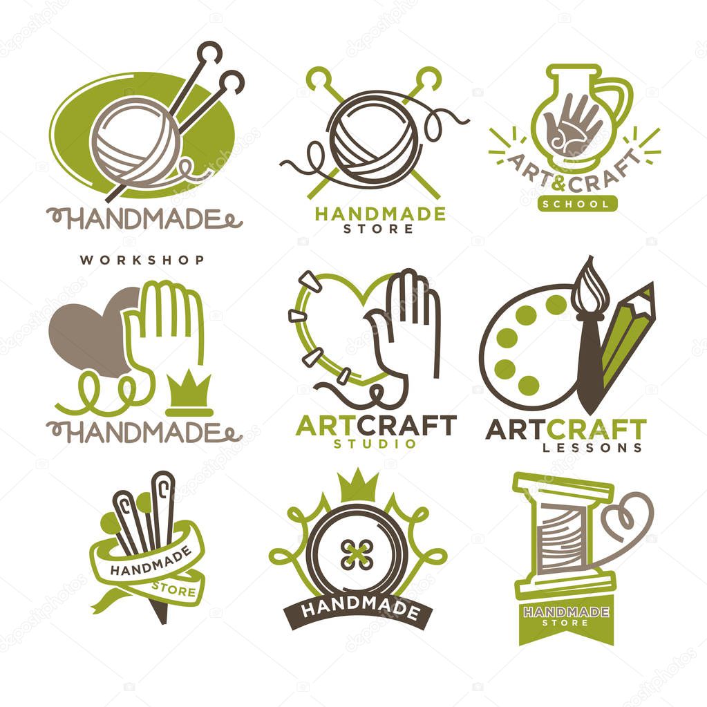 Handmade workshop logo badges with pictures isolated on white. Vector colorful illustration in flat design of labels with roll of thread and sticks, sewing needles, paints with brush and pencil