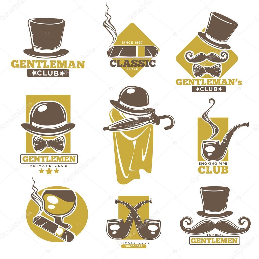 Gentlemen club logo labels collection isolated on white colorful poster. Private assembly for real men advertising badges with smoking pipes, long hats, rounded moustaches and decorative ties
