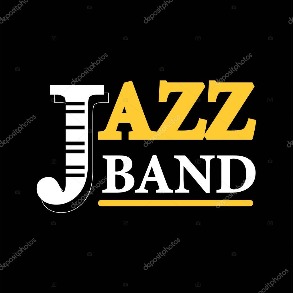Jazz band concert logo label isolated on black background. Vector colorful illustration in flat design of popular music festival badge with piano keyboard and inscriptions. Musical invitation template
