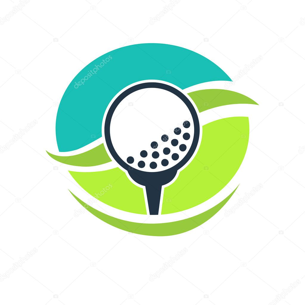 Professional golf club logo label with special small white ball on black stand on bicolor circle of green and turquoise tones isolated. Minimalistic emblem vector illustration of logotype design