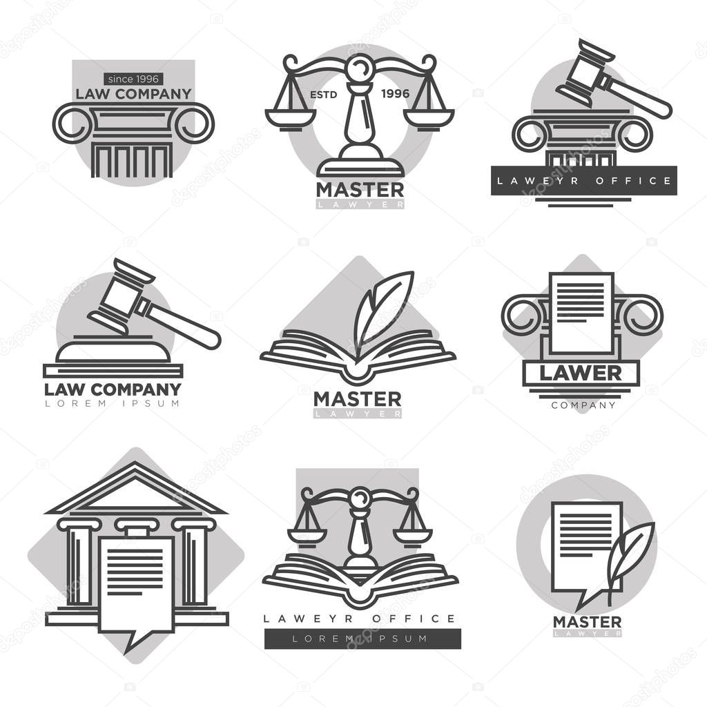 Law company logotypes collection in grey color isolated on white. Vector poster of symbols and signs characterising justice and legal rules, special scales and gavel, lawyer office logo design