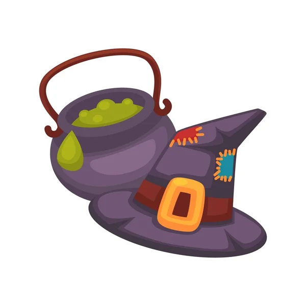 Chapeau violet sorcière et pot au porridge — Image vectorielle