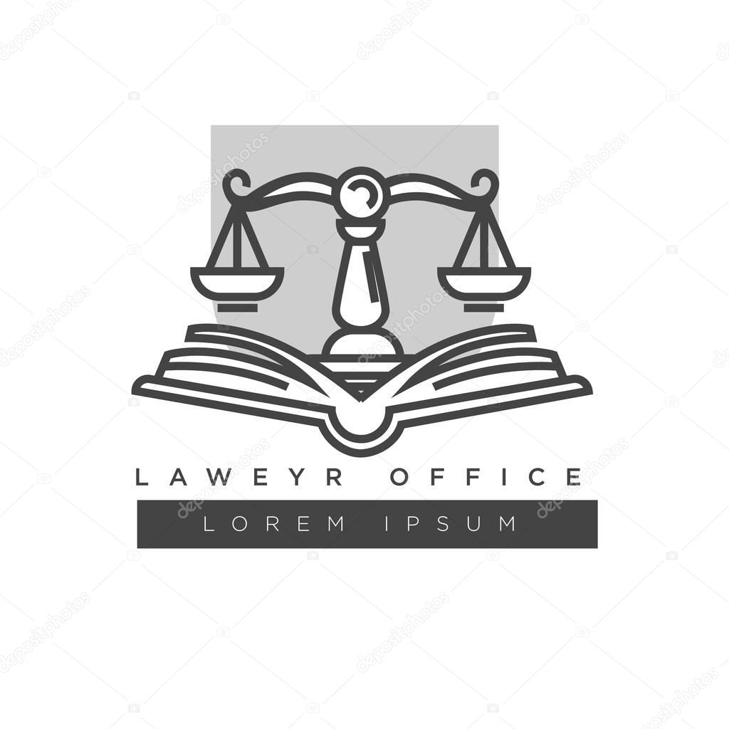 Lawyer office colorless logo label with place for company name isolated on white. Vector illustration in flat design of badge consisting of open book and scales against grey square, justice template