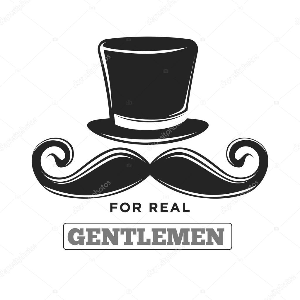 Private club only for real gentlemen classic black and white logotype. Tall vintage hat and thick curled retro mustache isolated vector illustration with sign underneath on white background.