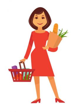 Alışveriş sepeti ve kese kağıdı ile çizgi film kadın durumda