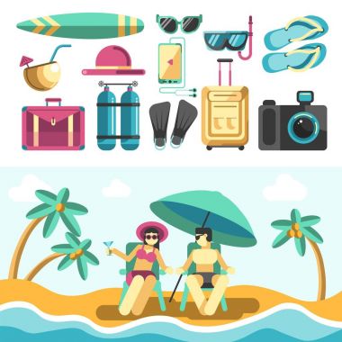 Erkek ve kadın plaj ve tatil şeyler kümesi