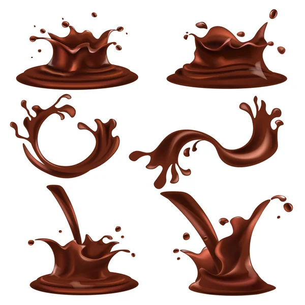 Spatten en druppels van donkere chocolade illustraties set — Stockvector