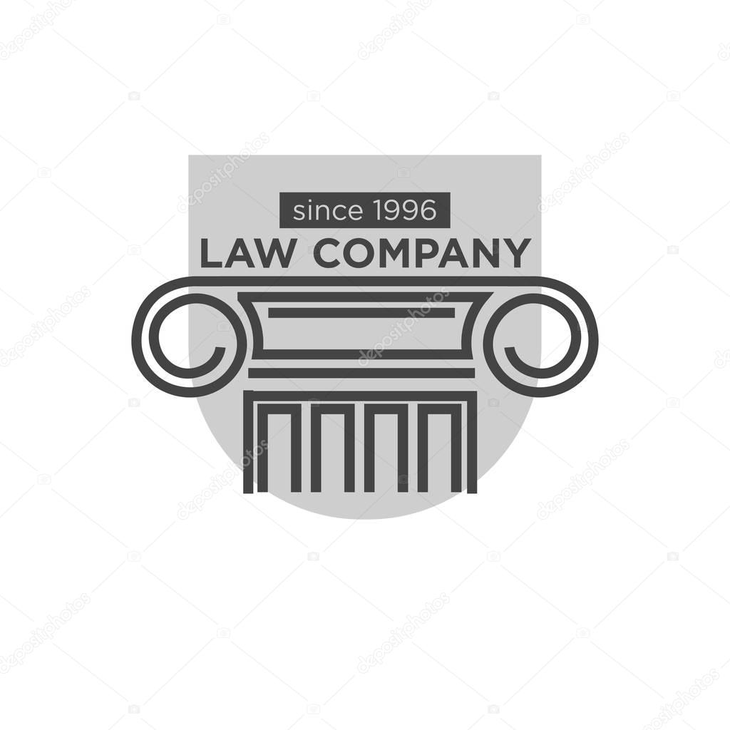 Authoritative law company that exists since 1996 monochrome logotype with ancient Greek pillar black outline, grey figure behind and sign above isolated vector illustration on white background.