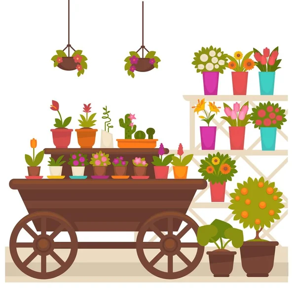 Chariot avec pots de fleurs — Image vectorielle