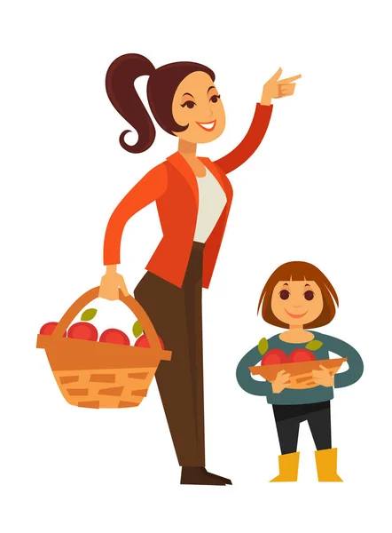 Mujer y niño recogen manzanas — Vector de stock