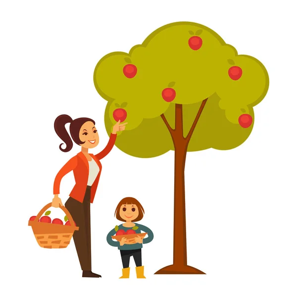 Mère et fille cueillant des pommes — Image vectorielle