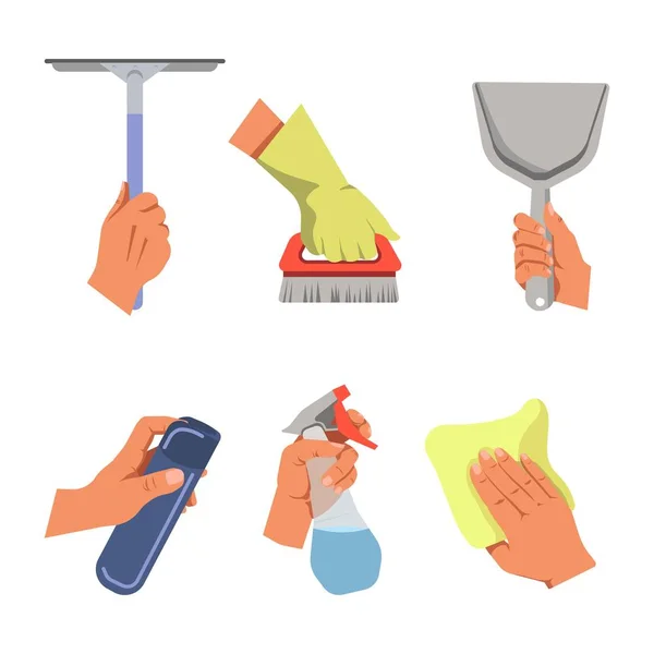 Hands holding cleaning tools — Stock Vector