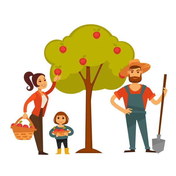 Femme et enfant cueillent des pommes — Image vectorielle
