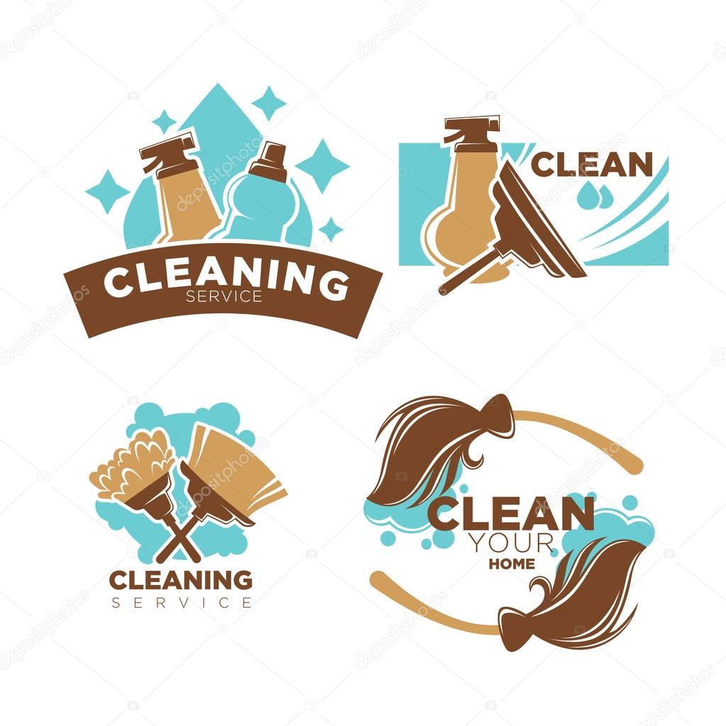 Home cleaning service logo templates set of duster brush, broom or window scraper and detergents or washing liquid bottles and sprayers.