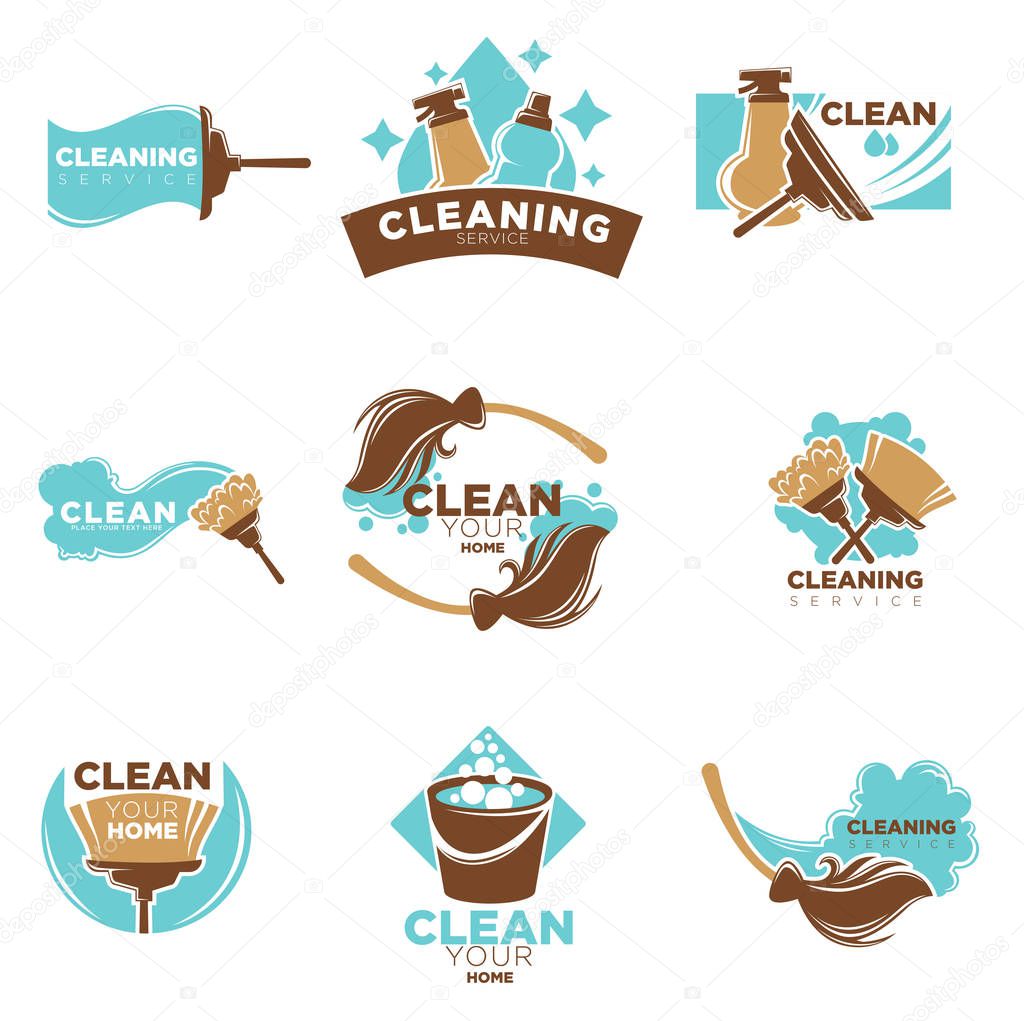 Home cleaning service logo template, Vector isolated symbol of sparkling water drop and washing liquid soap or window cleaner spray on brown ribbon