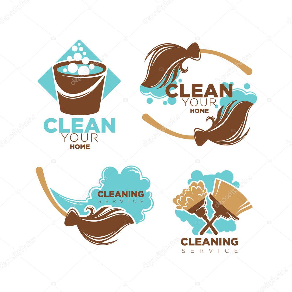 Home cleaning service logo template, Vector isolated symbol of sparkling water drop and washing liquid soap or window cleaner spray on brown ribbon