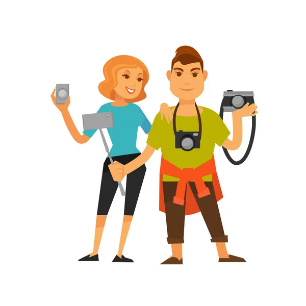 Couple voyageur avec selfie stick — Image vectorielle