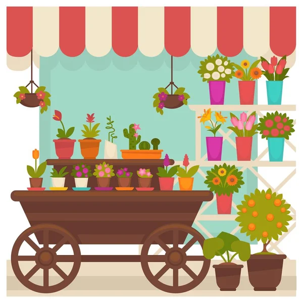 Tienda de comercio con hermosas flores — Vector de stock