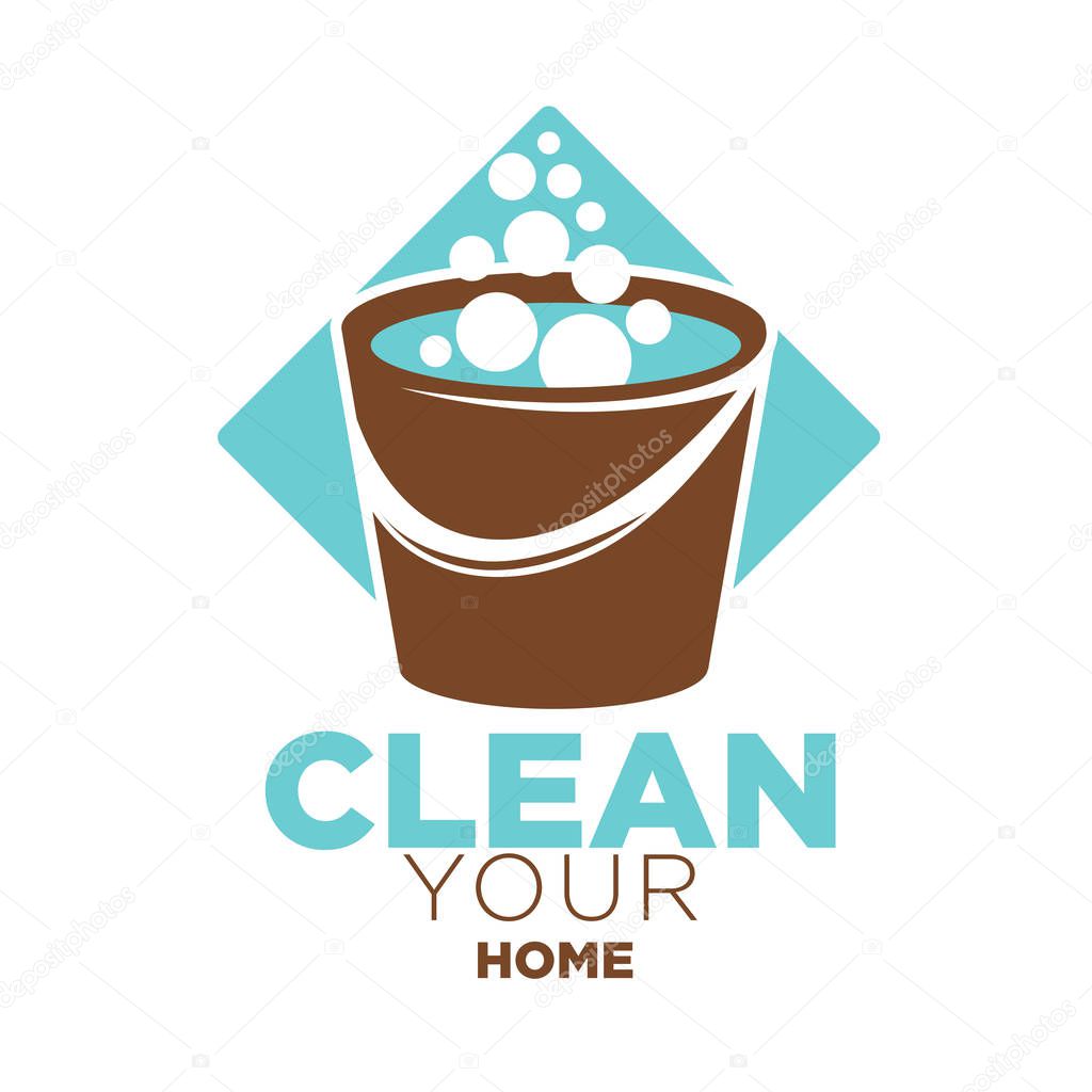 Clean your home logo label with bucket isolated on white