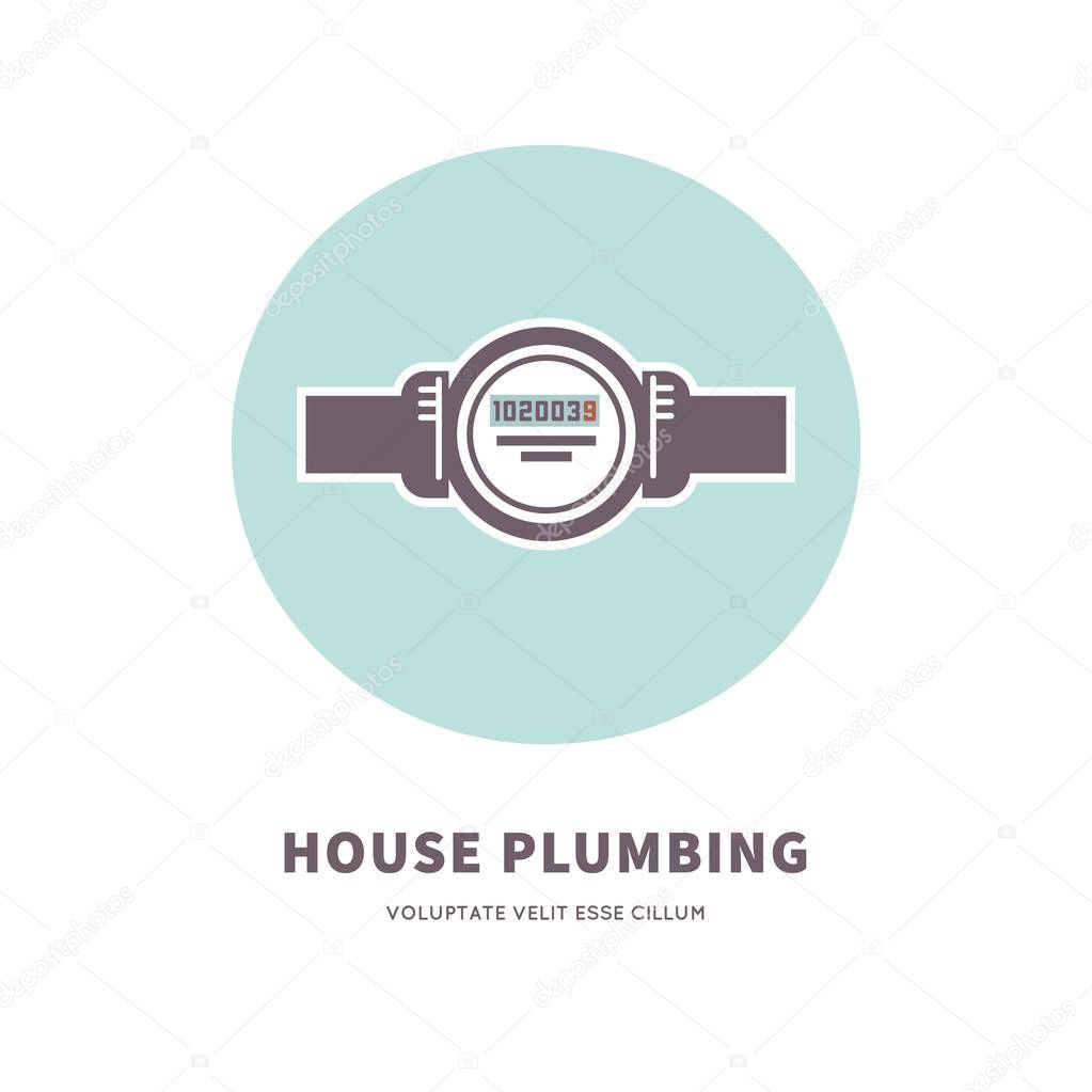House plumbing agency emblem with dark purple water counter that shows number fastened to two pipes inside light blue circle and sign underneath