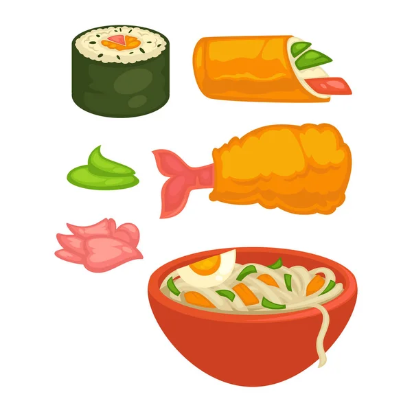Rolos de sushi e comida japonesa — Vetor de Stock